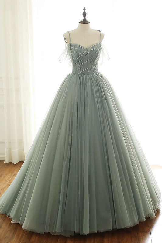 Light green tulle long prom dress ...